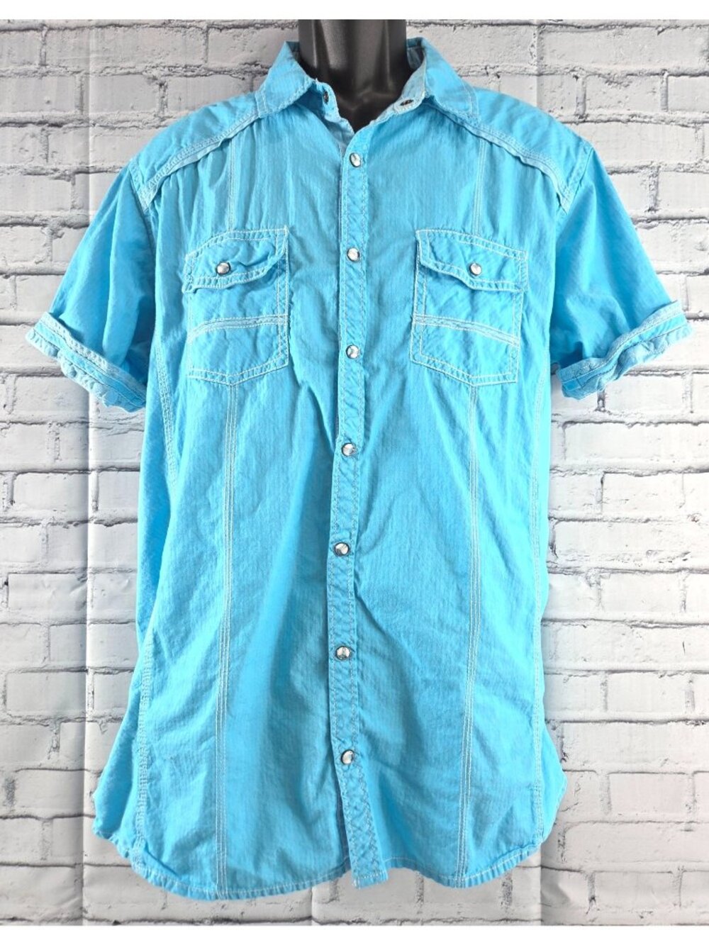 BKE Standard Fit XL Snap-Front Button-Down Shirt XL Blue Short Sleeve